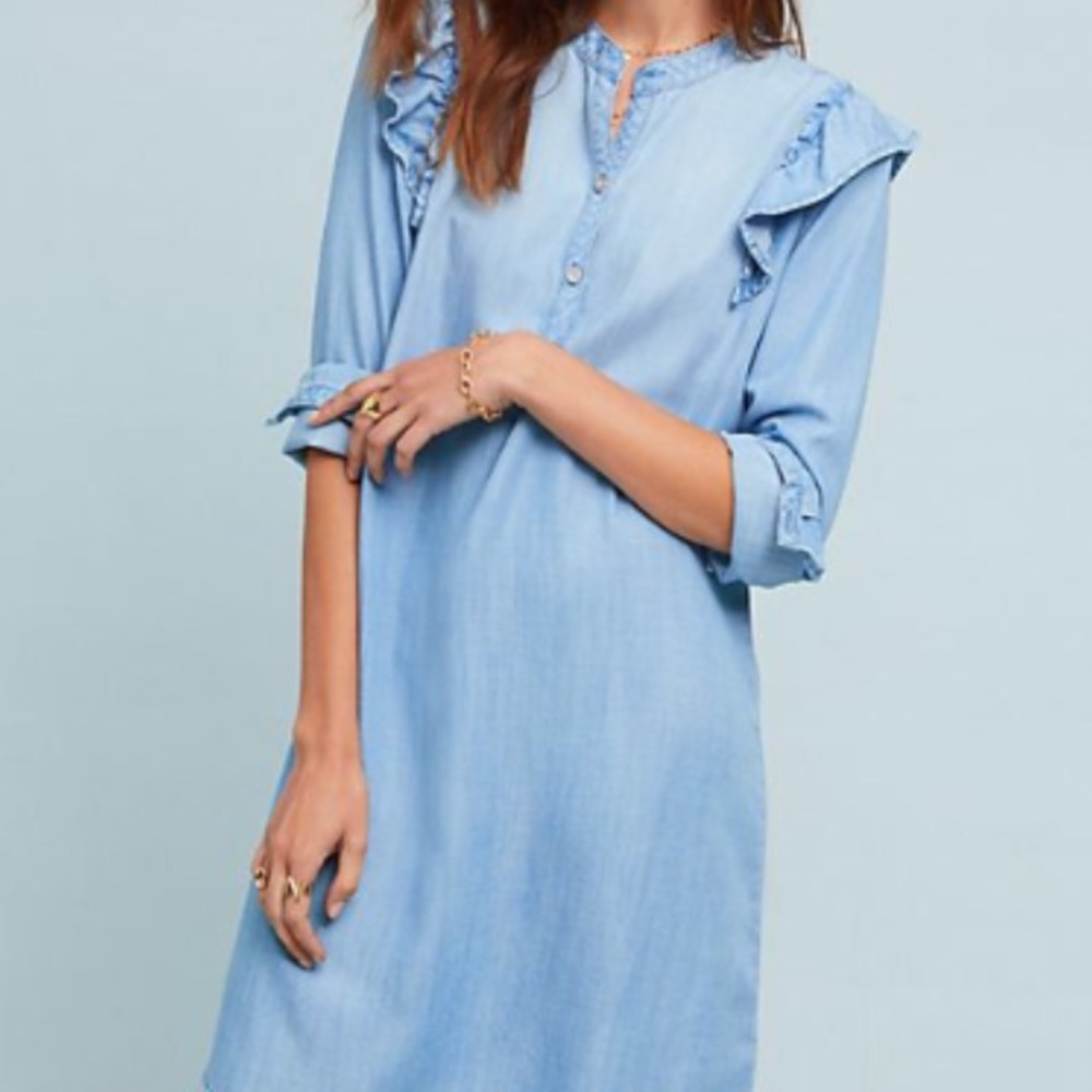 LS Ruffles Denim Shirtdress -NWT